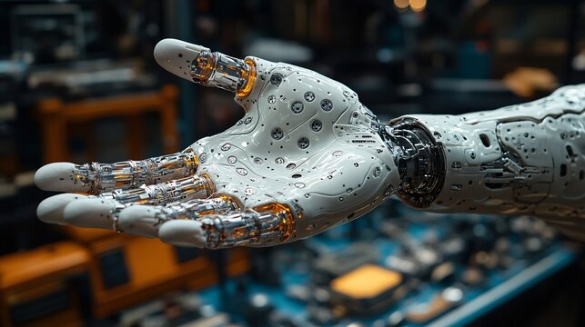 A detailed view of a futuristic robotic hand with exposed mechanical components and glowing orange joints extended in an open gesture against a blurred industrial background filled with machinery.