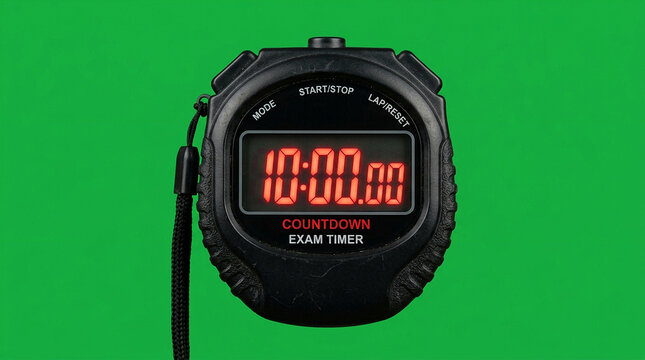 A black digital countdown exam timer watch on a green background