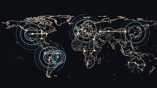 World map with glowing signal pulses animation motion graphics for global networking
