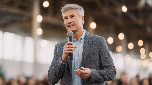 Gray-haired man speaker giving a speech with a microphone at a business conference. Professional keynote orator talking to audience in a convention hall. Leadership and corporate event.