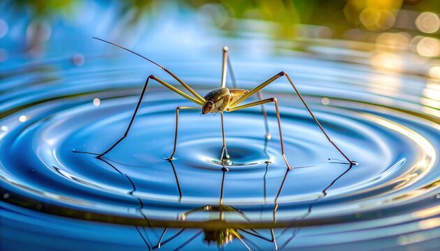 Water strider insect walking on pond surface tension with ripple reflection
