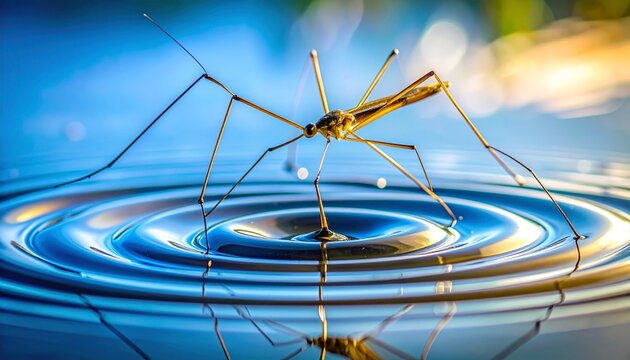 Macro water strider insect creating ripples on sunlit pond surface tension