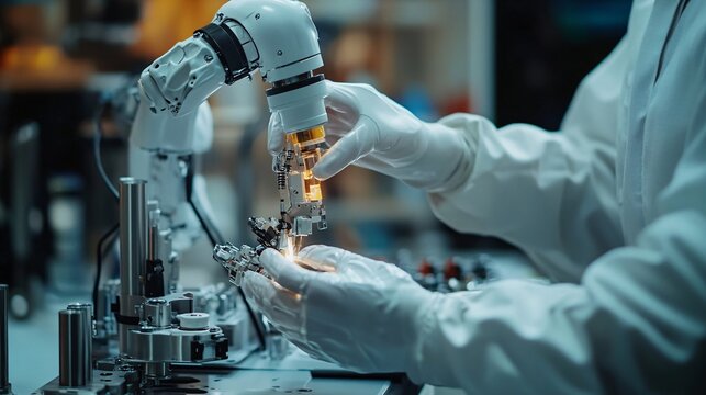 A gloved technician carefully manipulates a robotic arm in a high-tech laboratory setting performing precise assembly tasks with metallic components under controlled lighting conditions.