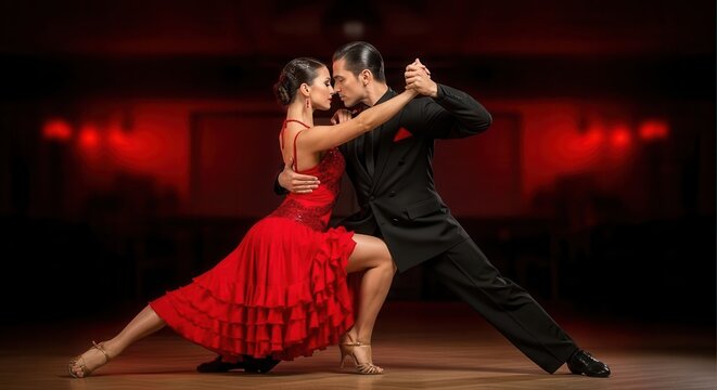 Professional ballroom dancers perform an elegant tango in a dimly lit .