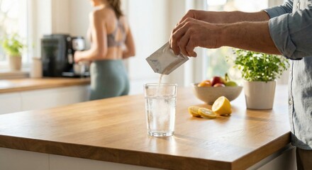 Fototapeta premium Hands pouring electrolyte sachet into a glass of water