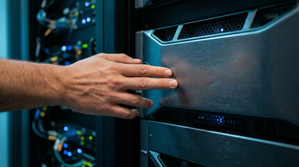 Fototapeta premium AI data centers technician installing server hardware in rack