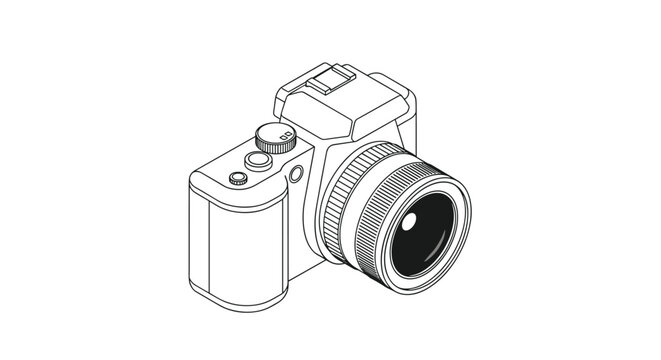 Isometric line drawing of a modern digital camera shows its lens, dials, and buttons in a clean and technical style.