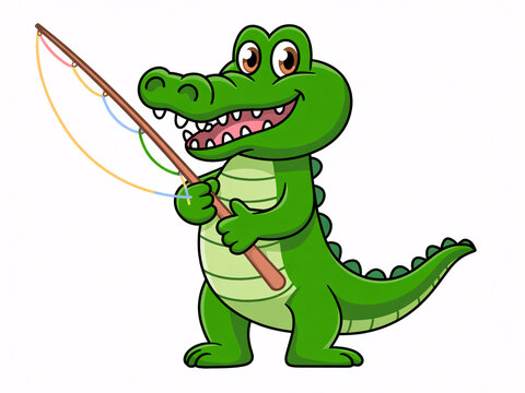 A cartoon alligator holding a fishing rod with a big smile on its face