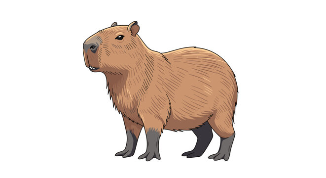 Realistic digital illustration of a full body capybara standing on its four legs and looking sideways on a plain white background.
