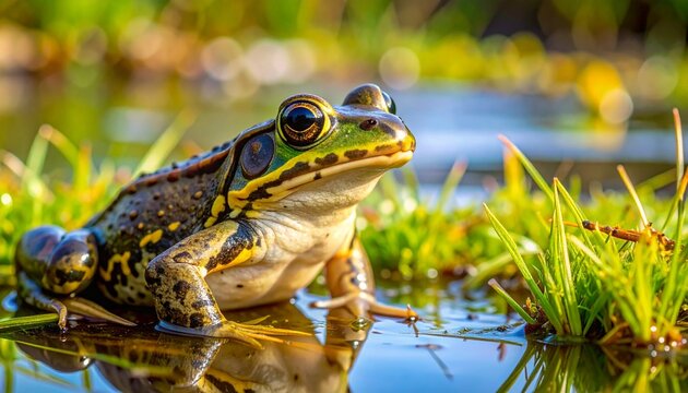 Close-up of a Natterjack Toad sitting in shallow spring pond water with lush green grass