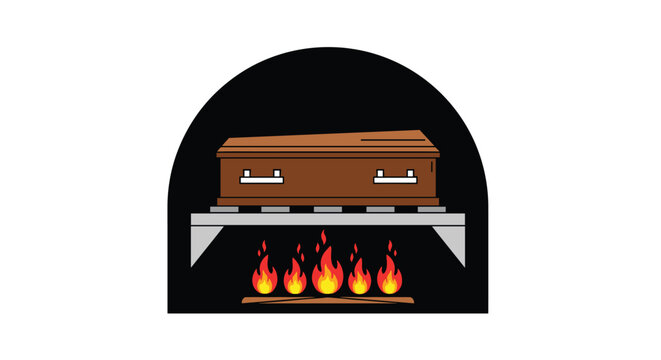Illustration of a wooden coffin resting on a platform inside a dark furnace chamber with orange flames burning underneath.