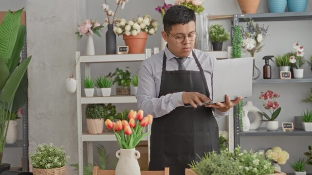 Man florist holding and typing on laptop in a building flower shop surrounded by tulips, potted plants and shelves of vases; business planning concentration.