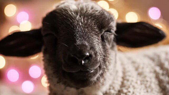 Close up portrait of a baby lamb with a black face and white wool smiling with closed eyes against a warm bokeh background of fairy lights for Christmas or Easter greeting card