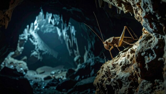 Cave cricket perched on limestone rock in dark subterranean cavern with blue lighting