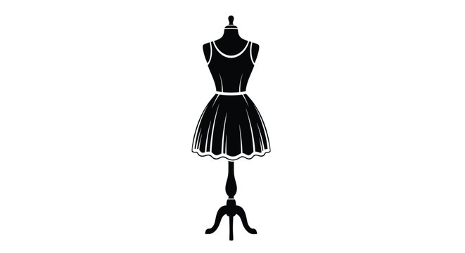 Solid black silhouette of a sleeveless dress is displayed on a dressmaker mannequin stand for fashion design and boutique retail concepts.