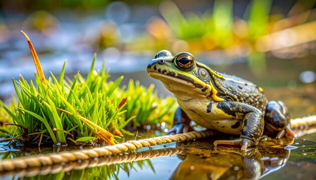Natterjack Toad Emerging from Pond Water in Spring