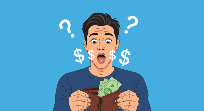 Surprised young man looks into his wallet containing very little cash with dollar signs and question marks floating around on a blue background.