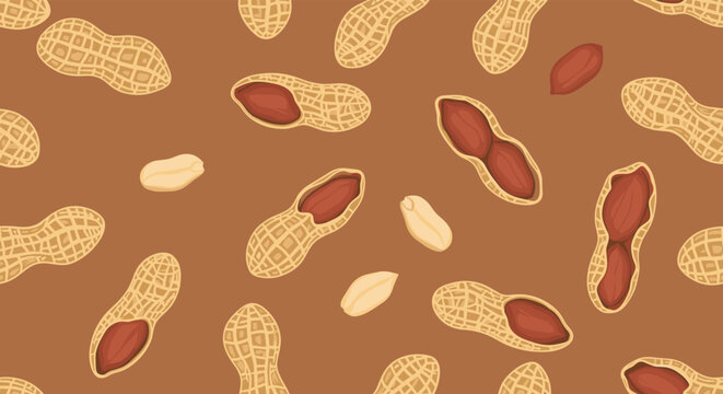 Seamless pattern shows a rich collection of whole and opened peanuts in their shells scattered on a warm brown background for food themes.