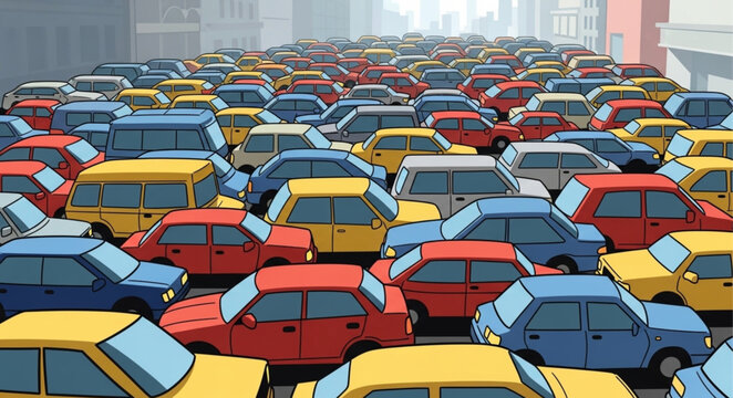 Vast gridlock of colorful cars in a city street.