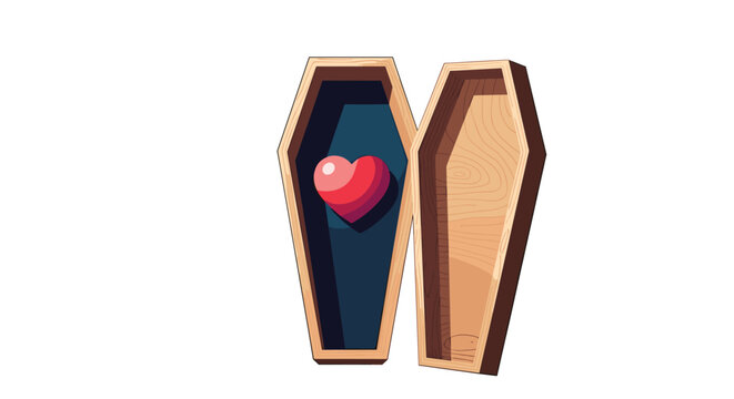 Conceptual illustration of a red cartoon heart resting inside an open dark-lined wooden coffin symbolizing lost love or grief.