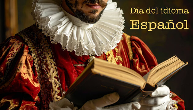 Hombre con vestimenta del Siglo de Oro espa&ntilde;ol leyendo un libro abierto evocando la literatura cl&aacute;sica espa&ntilde;ola en el dia del idioma espa&ntilde;ol