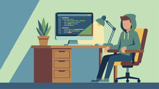 Programmer coding on computer in a modern home office, flat design illustration