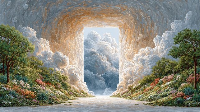 Surreal cloud portal in ethereal landscape with lush flowers and greenery, representing a dreamlike gateway to another world, fantasy nature painting with dramatic clouds and light