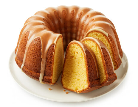 Round bundt cake with caramel glaze drizzle on a white plate, isolated on white background