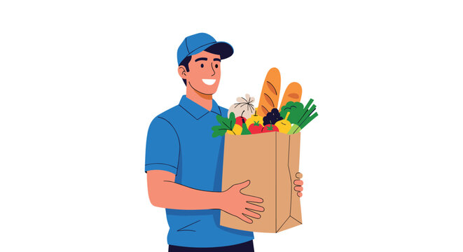 Smiling delivery man in a blue uniform and cap carrying a large brown paper bag filled with fresh groceries including bread and vegetables.