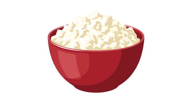 Detailed food illustration of a deep red ceramic bowl filled with creamy white cottage cheese showing a curdled texture.