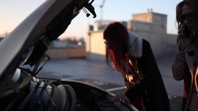 Two women check engine under open car hood one inspects problem while another calls for help on phone breakdown situation parking lot evening stress and emergency moment