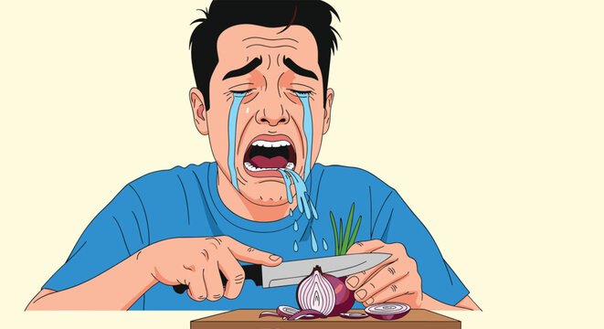 Humorous illustration of a man in a blue shirt crying profusely with exaggerated tears while chopping a red onion on a wooden board.