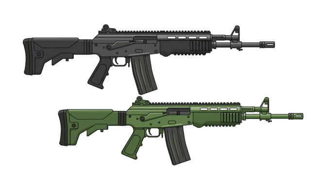 Detailed side-view illustration of two modern assault rifles in black and tactical olive drab green colors against a white background.