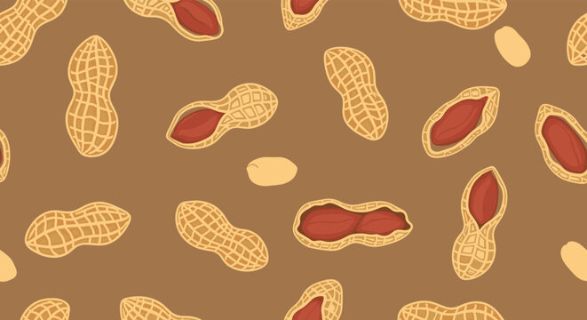 Seamless pattern of roasted peanuts and shells scattered across a warm brown background for food and snack themed designs.