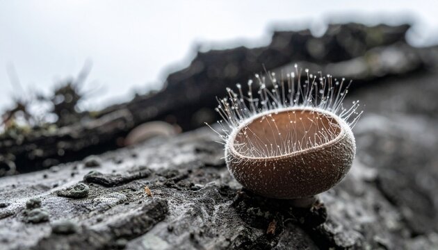 Macro detail of lichen apothecium cup releasing spores on mossy rock in natural light