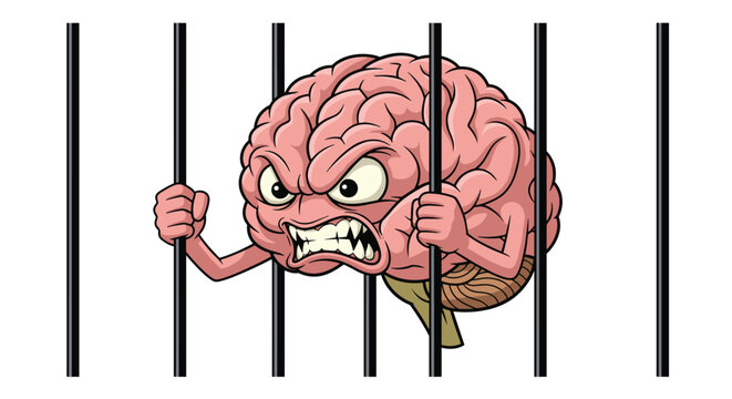 Angry pink brain character holding onto the bars of a prison cell in an illustration about mental health or captivity.