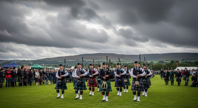 Group of bagpipe players performs in traditional attire on a green field during an outdoor event.