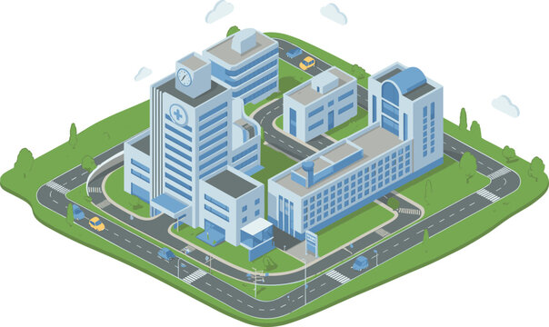 Isometric modern hospital campus with multiple medical buildings roads and healthcare services vector illustration