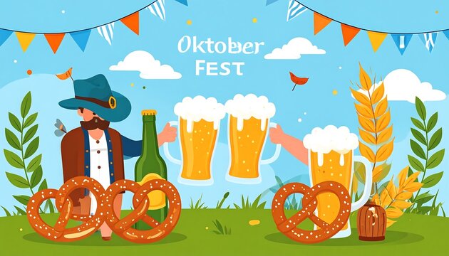 Cartoon illustration featuring a German festival with beer steins raised, pretzels, a man in traditional attire, and decorative flags