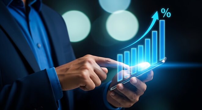 Man in blue suit holding smartphone with glowing blue bar graph and percentage sign business