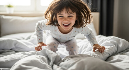 Naklejka premium Smiling little girl jumping on bed with wide grin, enjoying playful morning. Energetic child in pajamas laughs aloud, feeling pure joy, girl jumping bed with contagious enthusiasm.