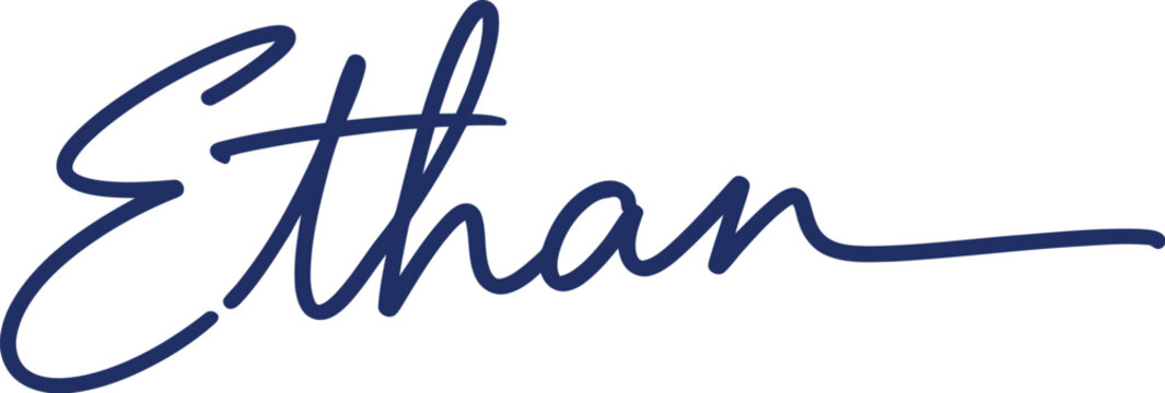 A signature with the name Ethan written in blue ink on a white background