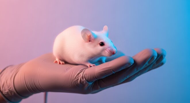 Scientist wearing glove holding white laboratory mouse. Experiment with animal inside research facility. Medical testing concept, biology and genetic development, modern biotech innovation.
