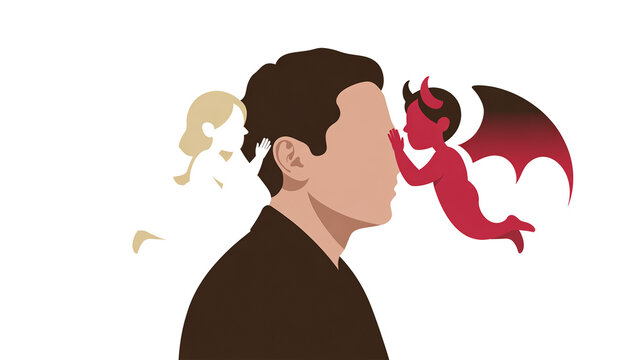 Man with angel and devil on shoulders, decision making and moral dilemma concept, good vs evil, inner conflict, minimal illustration with copy space
