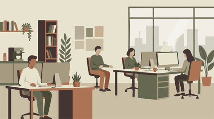 Fototapeta premium Modern open-plan office with diverse employees working on computers