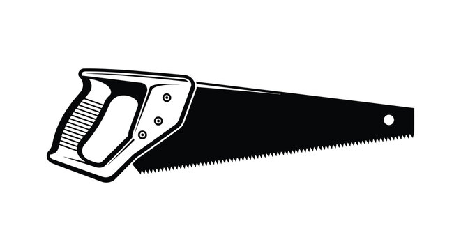 A black and white illustration of a hand saw bold silhouette