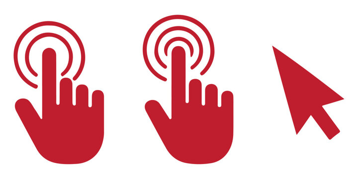 Touch screen finger hand press push &ndash; vector icon set. Mouse cursor and pointer hand icon set, web click and navigation arrow silhouettes, digital interface elements for website and app design. 