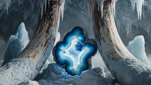 Ancient Mammoth Tusks Surround Glowing Crystal in Ice Cave