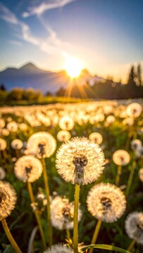 Close-up of dandelion heads in a field against a bright sunset and distant mountains, showcasing soft focus