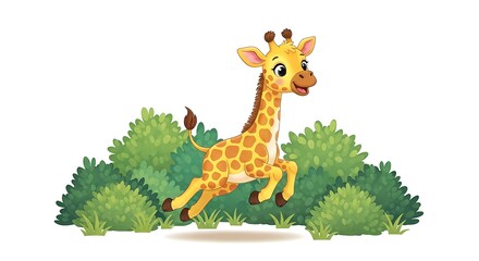 Obraz premium Cute baby giraffe playing outdoors, cheerful cartoon illustration with green bushes and clean background